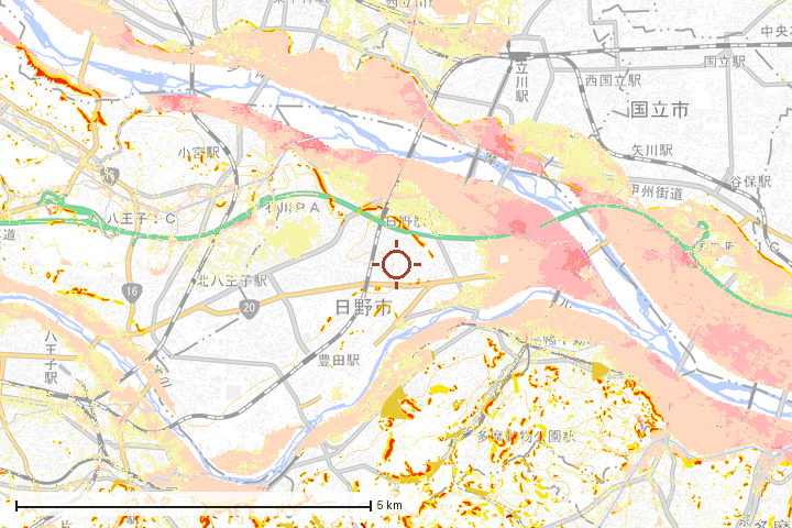日野市周辺のハザード重ね図