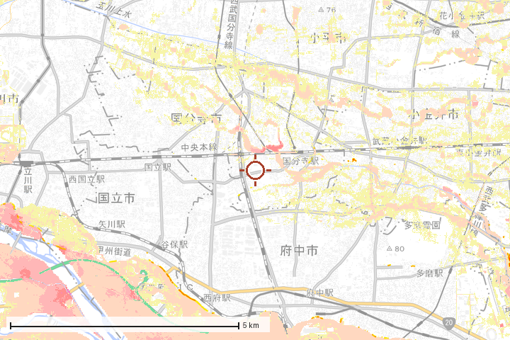国分寺市周辺のハザード重ね図
