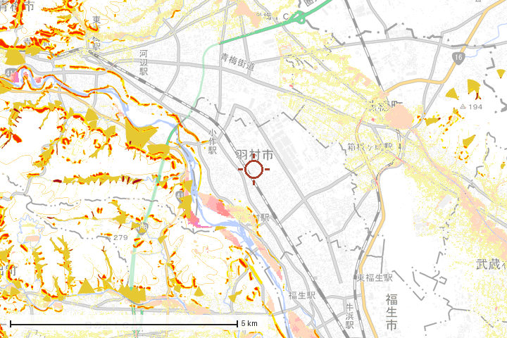 羽村市周辺のハザード重ね図