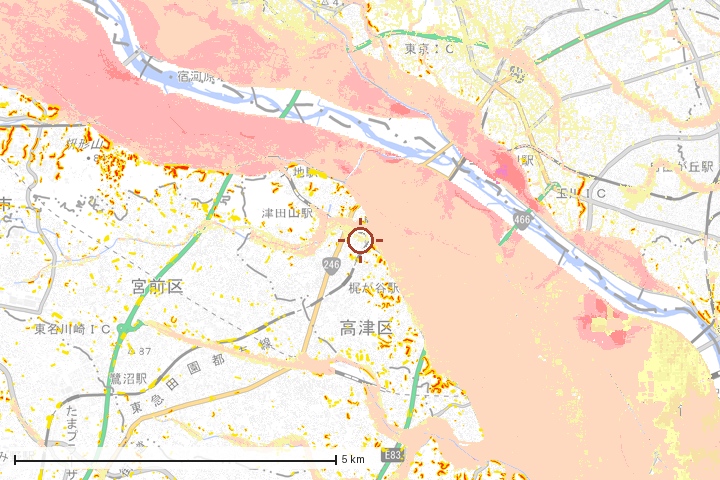 川崎市高津区周辺のハザード重ね図