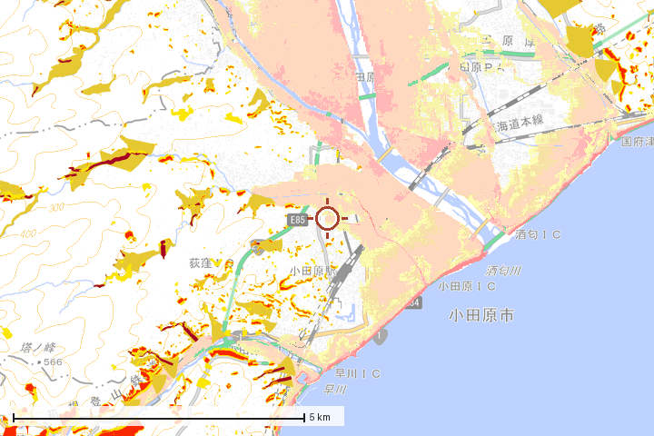 小田原市周辺のハザード重ね図