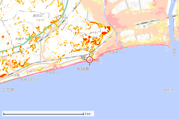 大磯町周辺のハザード重ね図