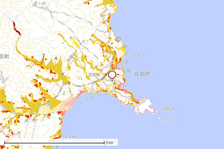 真鶴町周辺のハザード重ね図