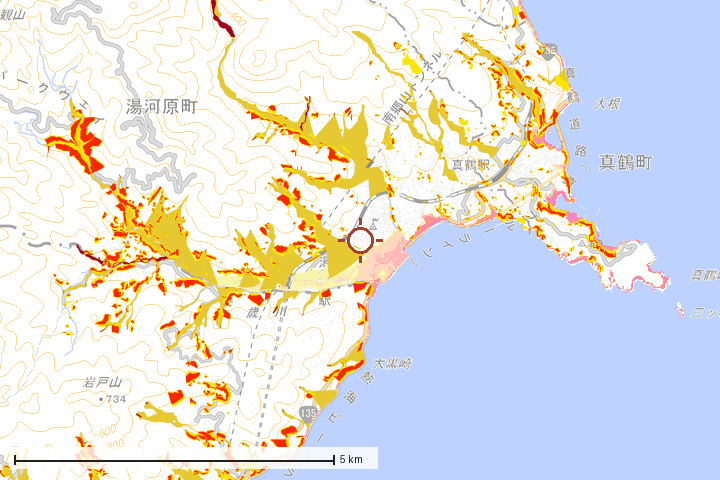 湯河原町周辺のハザード重ね図