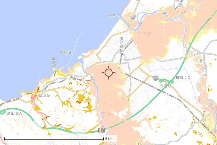 柏崎市周辺のハザード重ね図