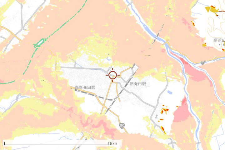 新発田市周辺のハザード重ね図