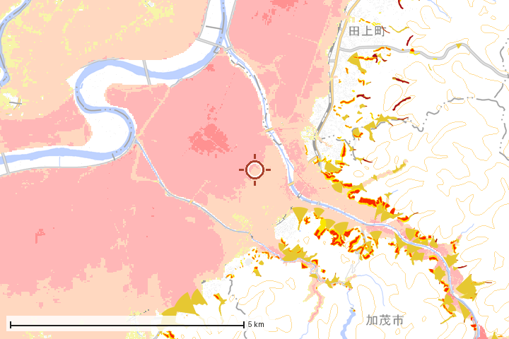 加茂市周辺のハザード重ね図