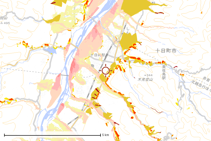 十日町市周辺のハザード重ね図