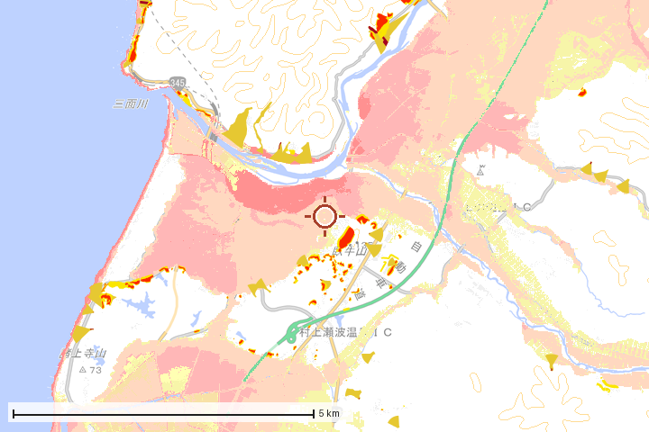 村上市周辺のハザード重ね図