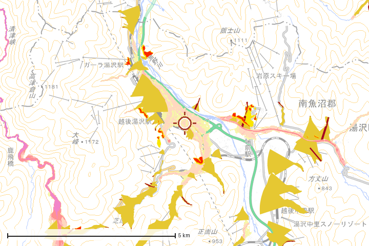 湯沢町周辺のハザード重ね図