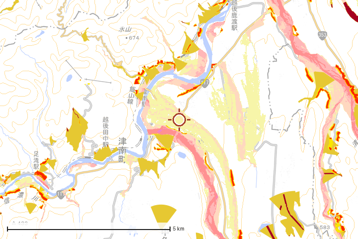 津南町周辺のハザード重ね図