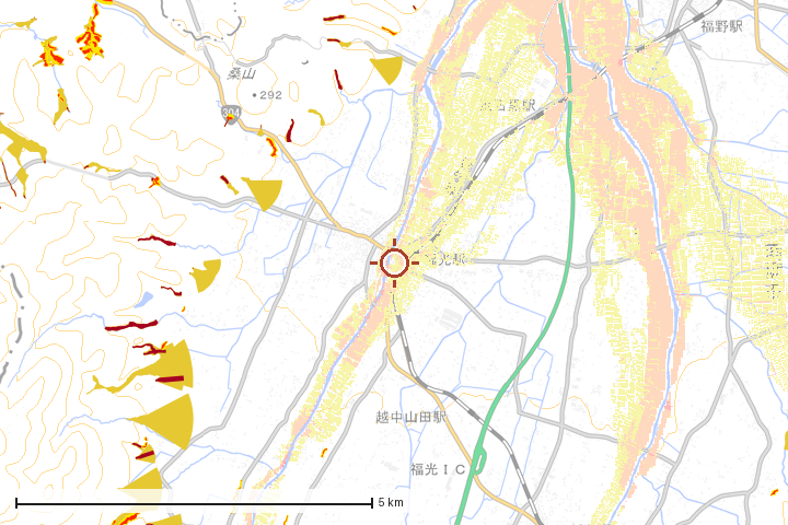 南砺市周辺のハザード重ね図
