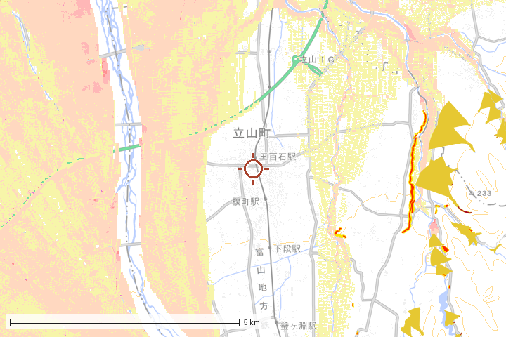 立山町周辺のハザード重ね図