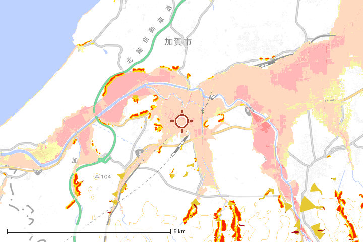 加賀市周辺のハザード重ね図