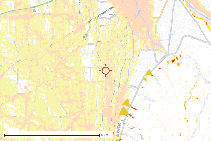 野々市市周辺のハザード重ね図