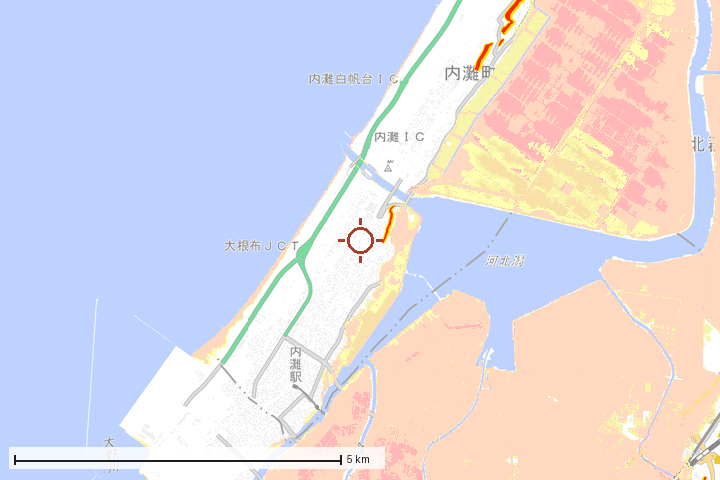 内灘町周辺のハザード重ね図