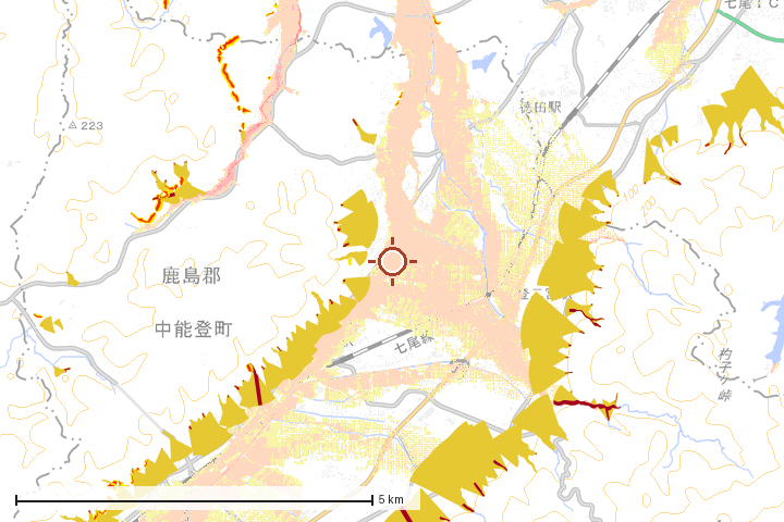 中能登町周辺のハザード重ね図