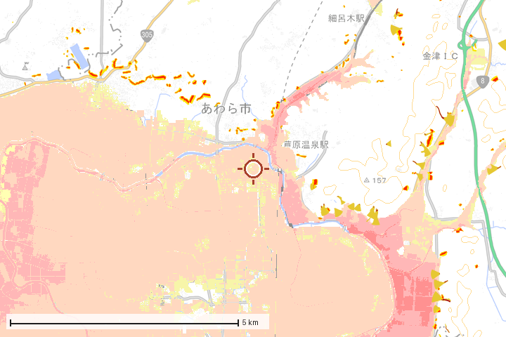 あわら市周辺のハザード重ね図