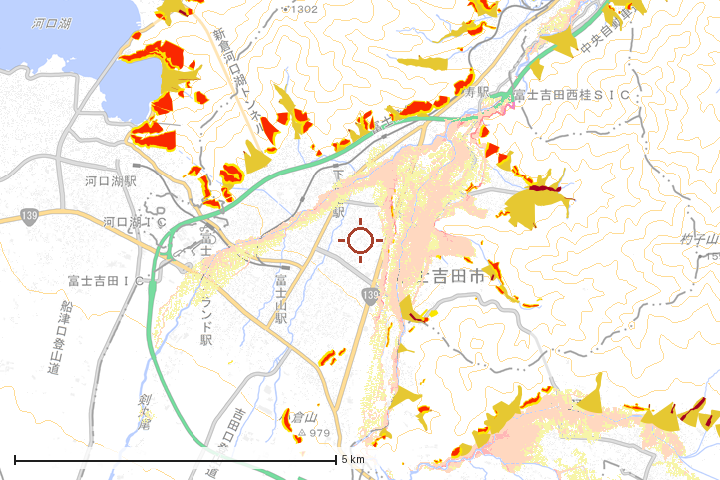 富士吉田市周辺のハザード重ね図