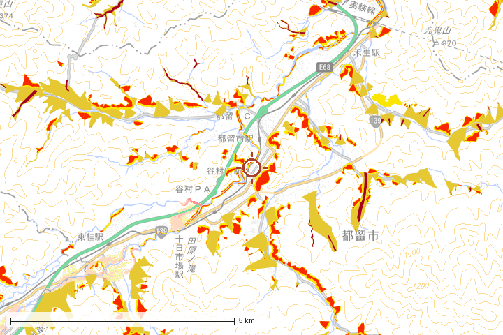 都留市周辺のハザード重ね図