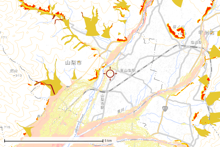 山梨市周辺のハザード重ね図