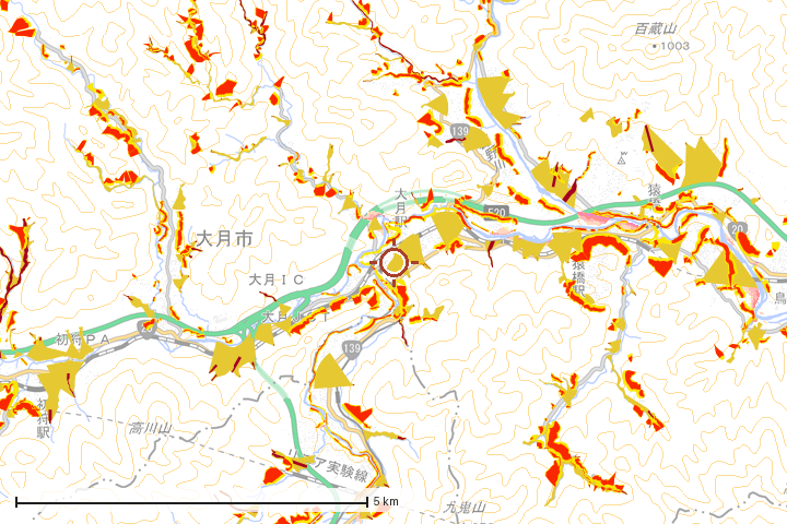 大月市周辺のハザード重ね図