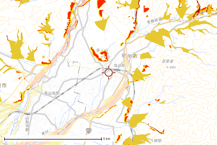 甲州市周辺のハザード重ね図