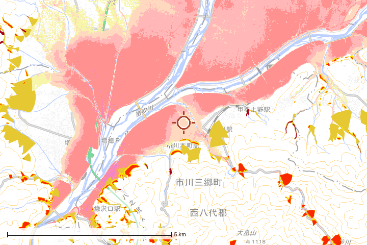 市川三郷町周辺のハザード重ね図