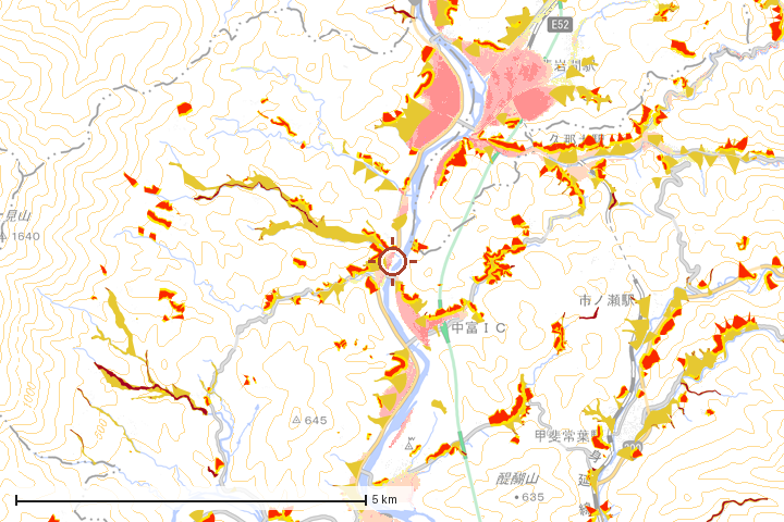 身延町周辺のハザード重ね図