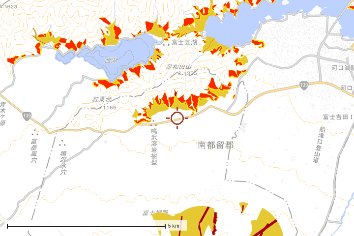 鳴沢村周辺のハザード重ね図
