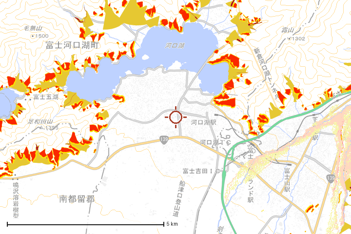 富士河口湖町周辺のハザード重ね図