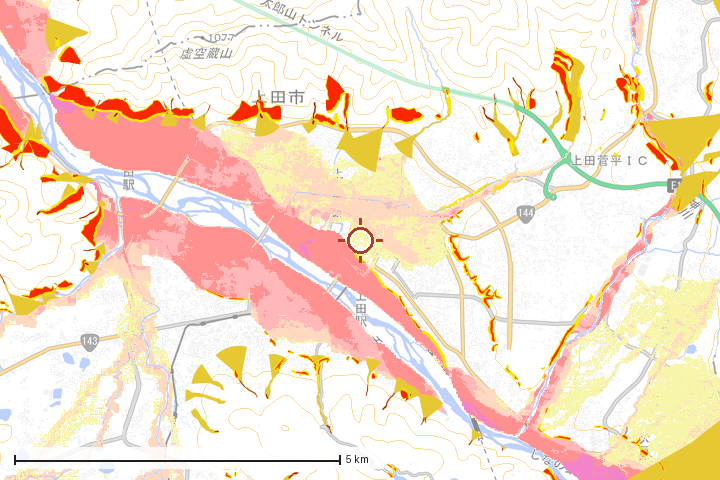 上田市周辺のハザード重ね図
