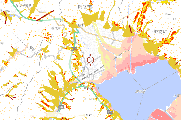 岡谷市周辺のハザード重ね図