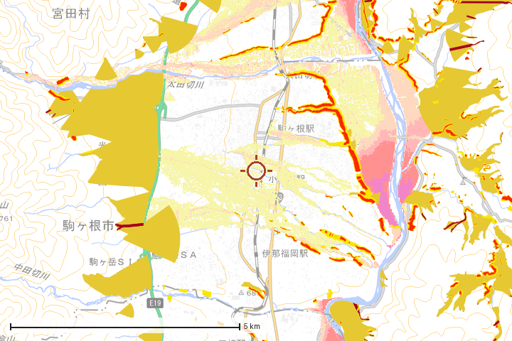 駒ヶ根市周辺のハザード重ね図