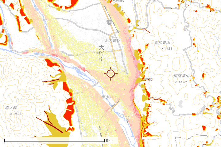 大町市周辺のハザード重ね図