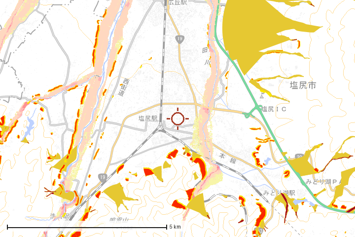 塩尻市周辺のハザード重ね図