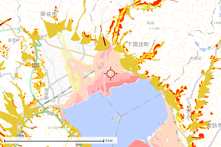 下諏訪町周辺のハザード重ね図