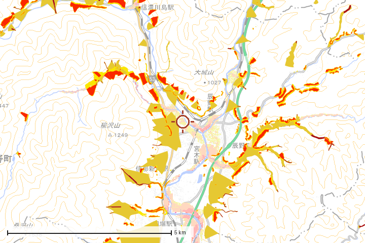 辰野町周辺のハザード重ね図