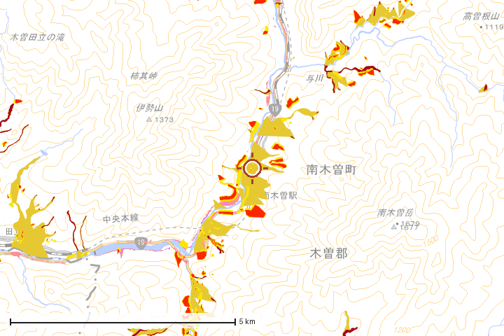南木曽町周辺のハザード重ね図