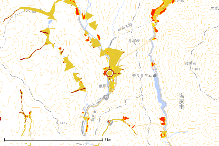 木祖村周辺のハザード重ね図
