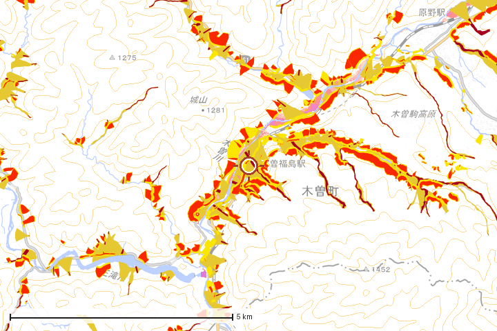 木曽町周辺のハザード重ね図