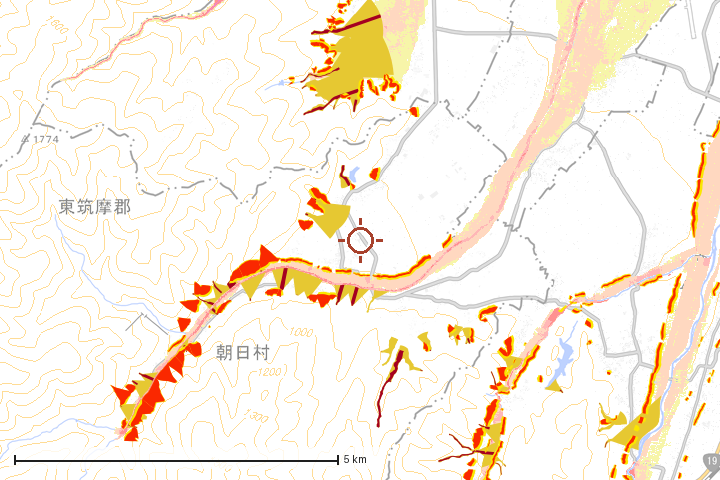 朝日村周辺のハザード重ね図