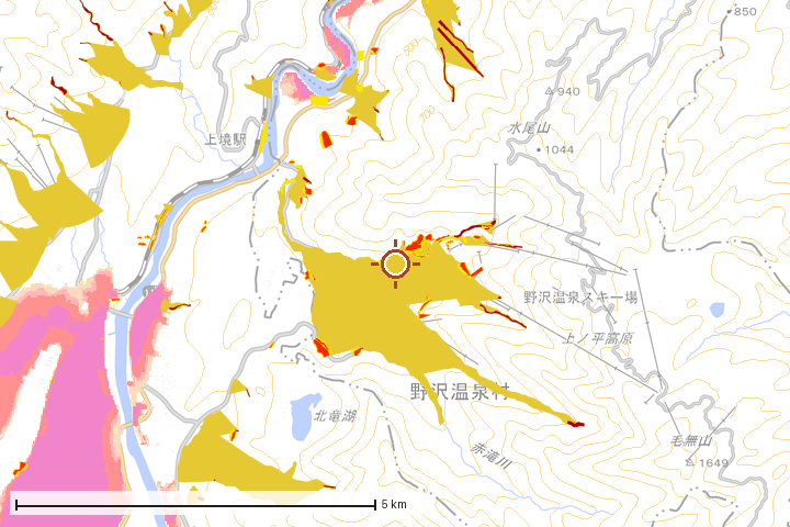 野沢温泉村周辺のハザード重ね図