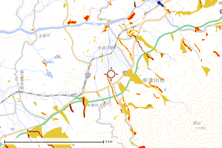 中津川市周辺のハザード重ね図