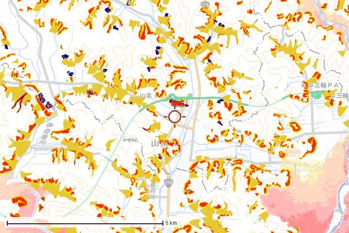 山県市周辺のハザード重ね図