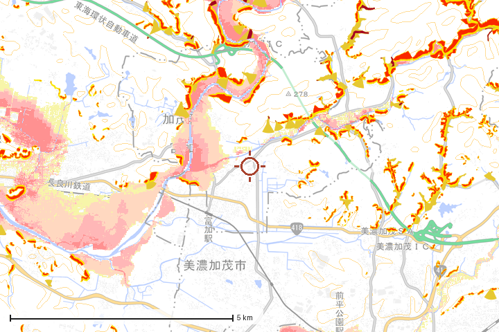 富加町周辺のハザード重ね図