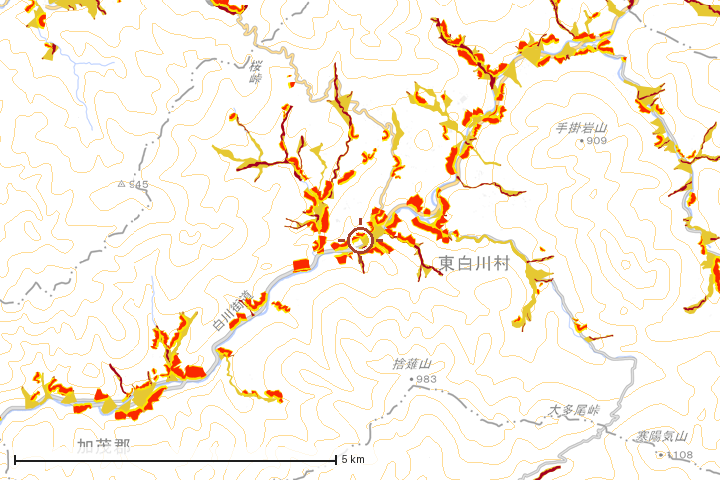 東白川村周辺のハザード重ね図