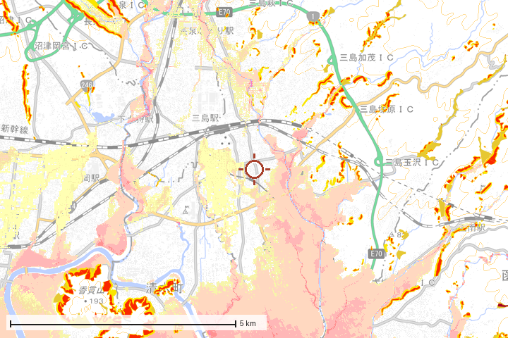 三島市周辺のハザード重ね図