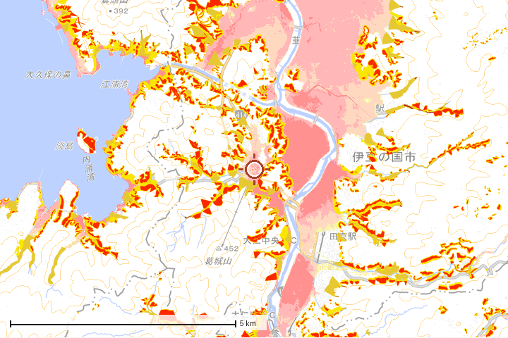 伊豆の国市周辺のハザード重ね図