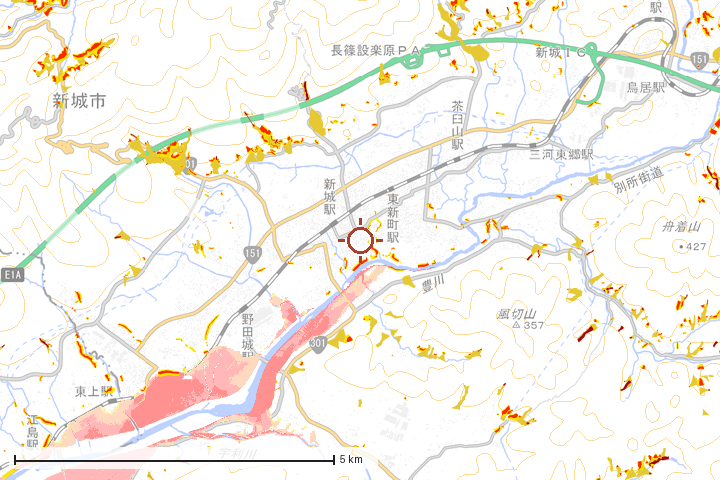 新城市周辺のハザード重ね図